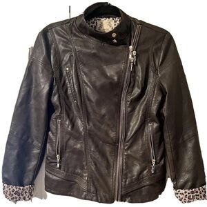 DOWNTOWN COALITION Size Medium Faux Brown Leather Animal Print Jacket